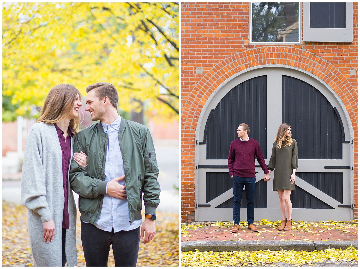 man and woman holding hands and looking opposite way in front of garage doors in german village