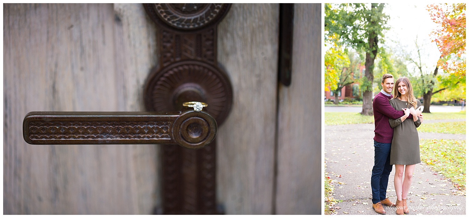 close up of yellow gold diamond engagement ring sitting on ornate door handle
