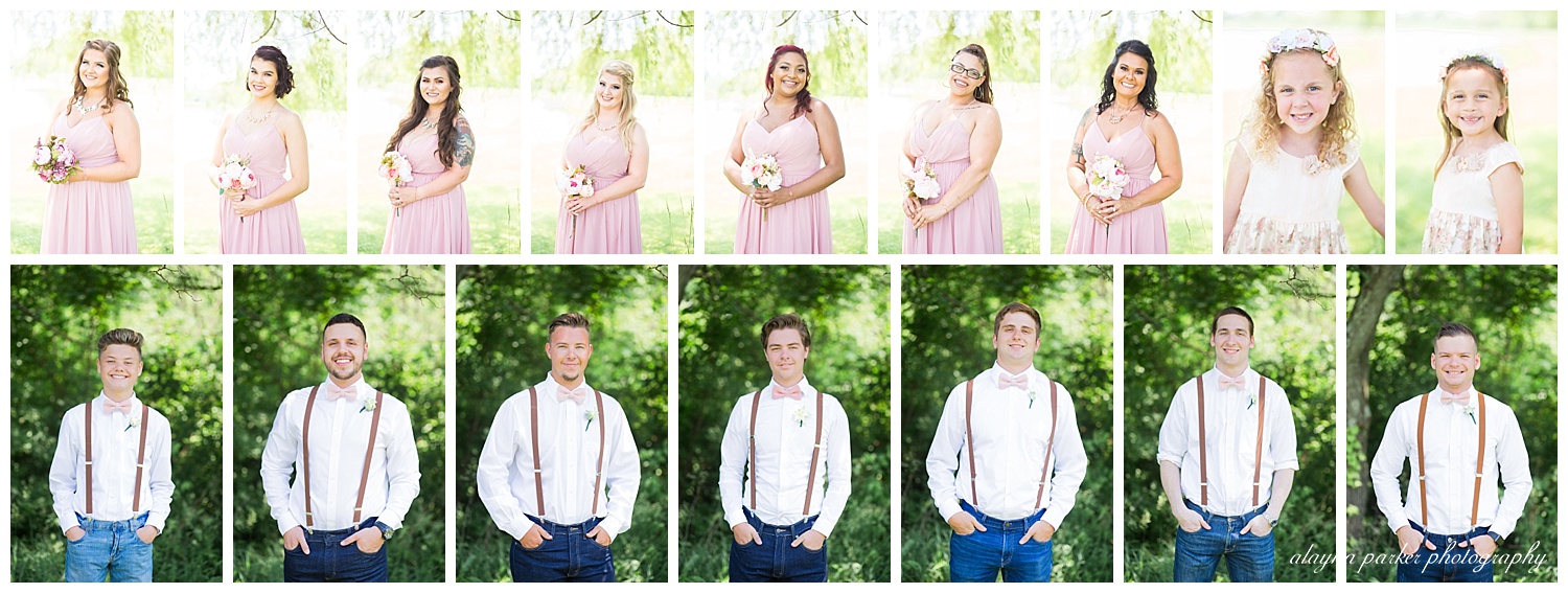 bridesmaids wearing pink dresses and groomsmen wearing blue jeans and white shirts