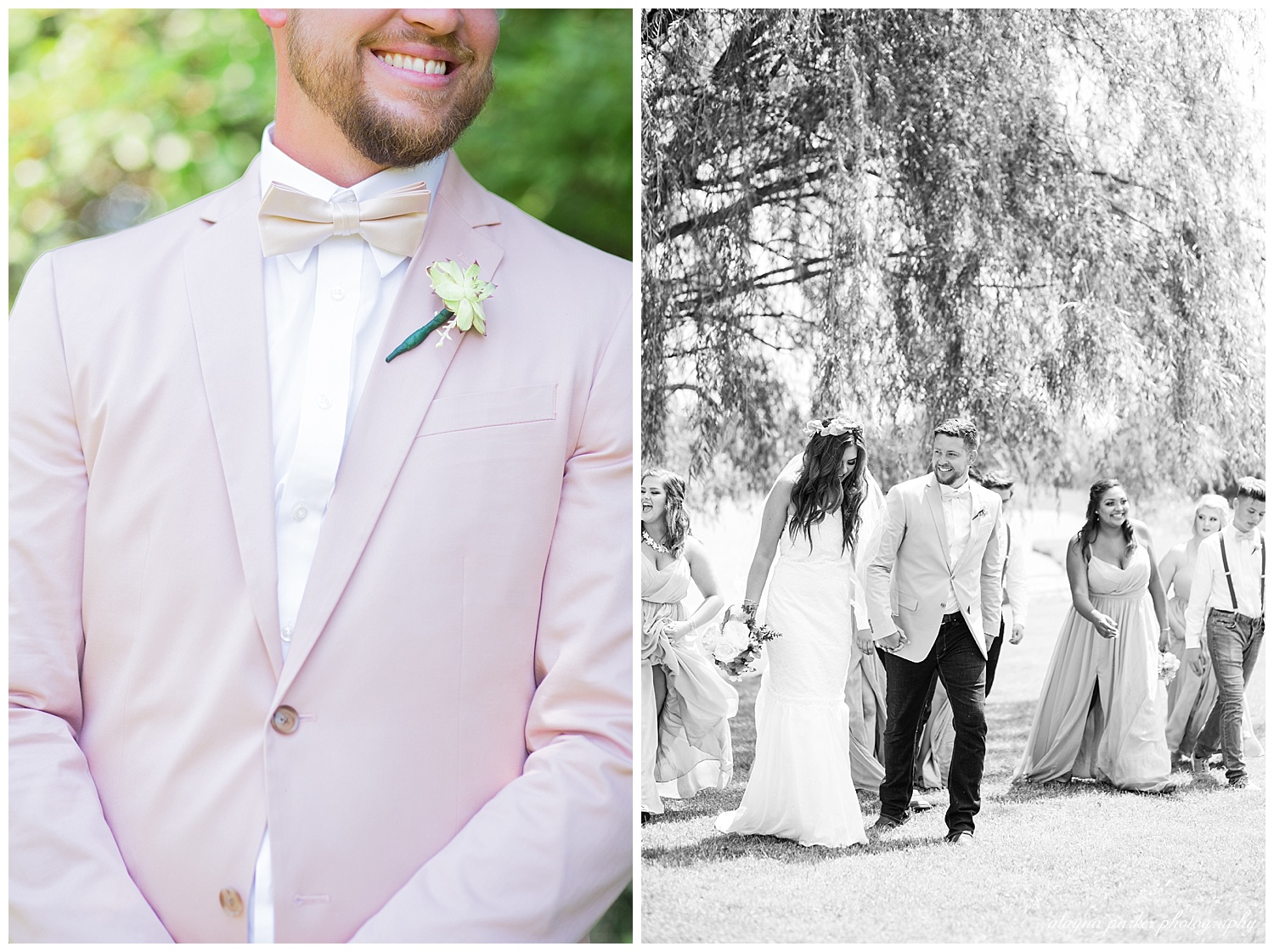 close up of groom wearing mauve blazer, white shirt, and champagne bowtie