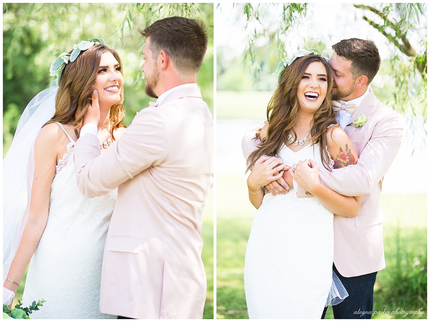 bride laughing as groom whispers in her ear