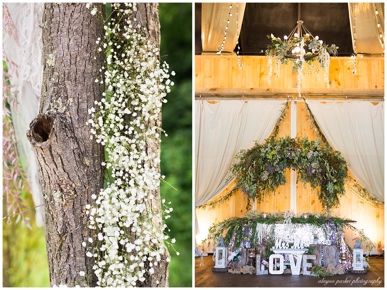sweetheart table with silver sequined tablecloth at the barn on enchanted acres