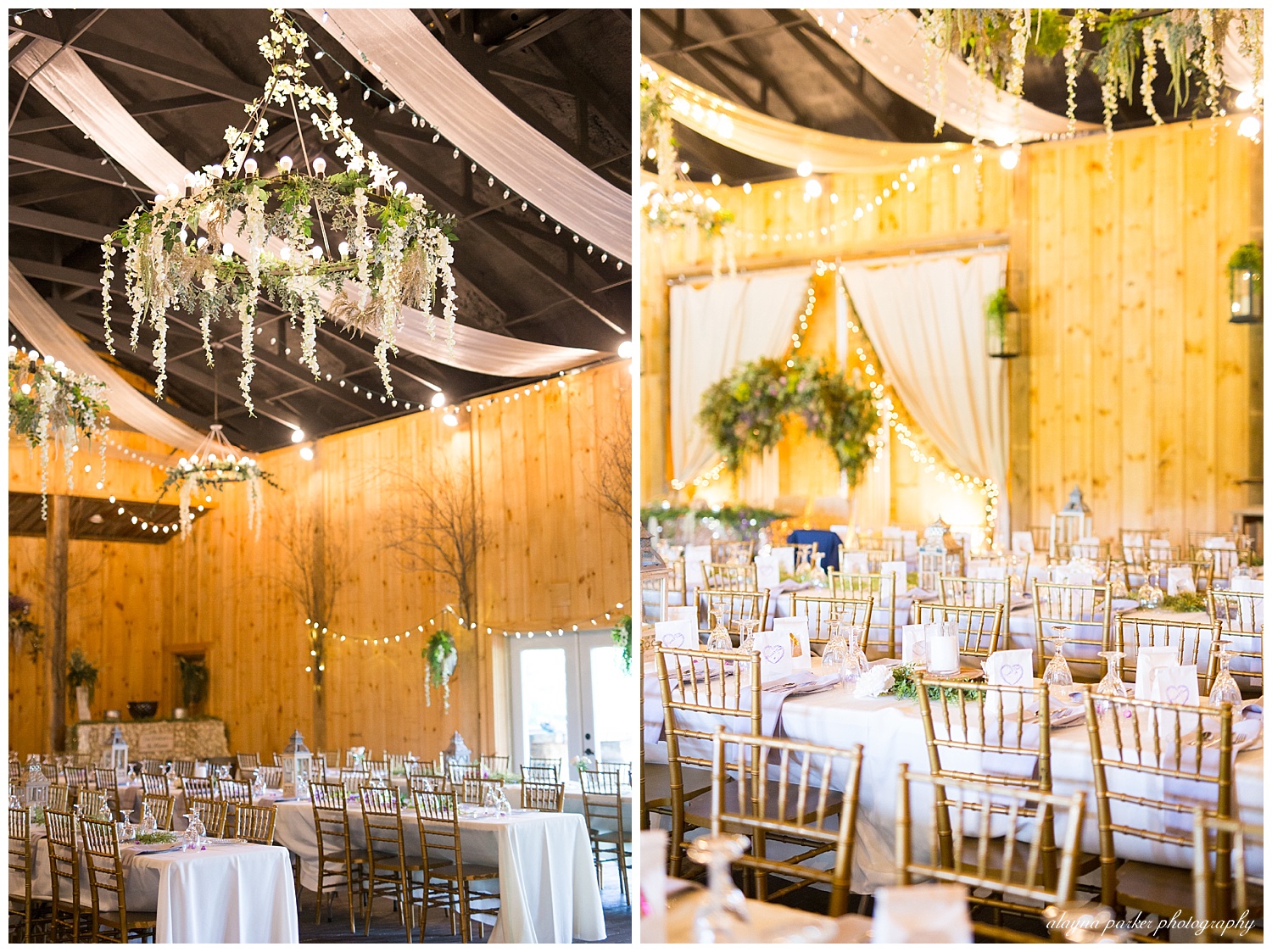 chandeliers with greenery draping down at the barn on enchanted acres