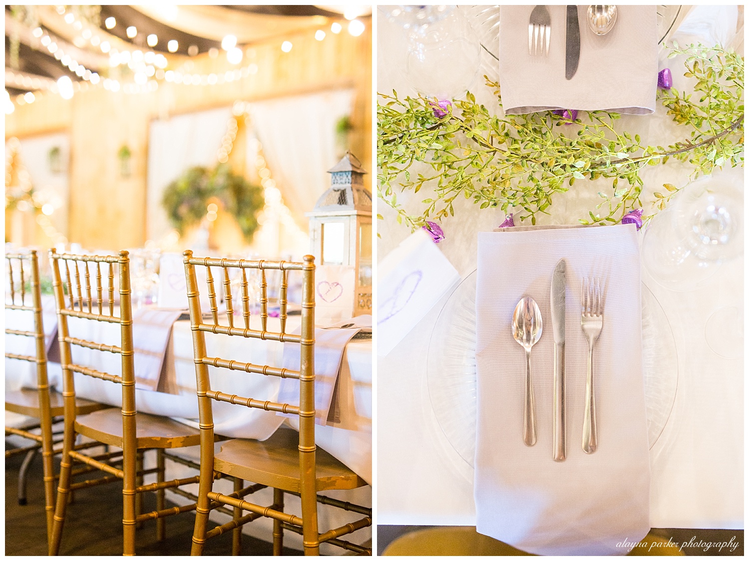 gold chairs and greenery garland at the barn on enchanted acres