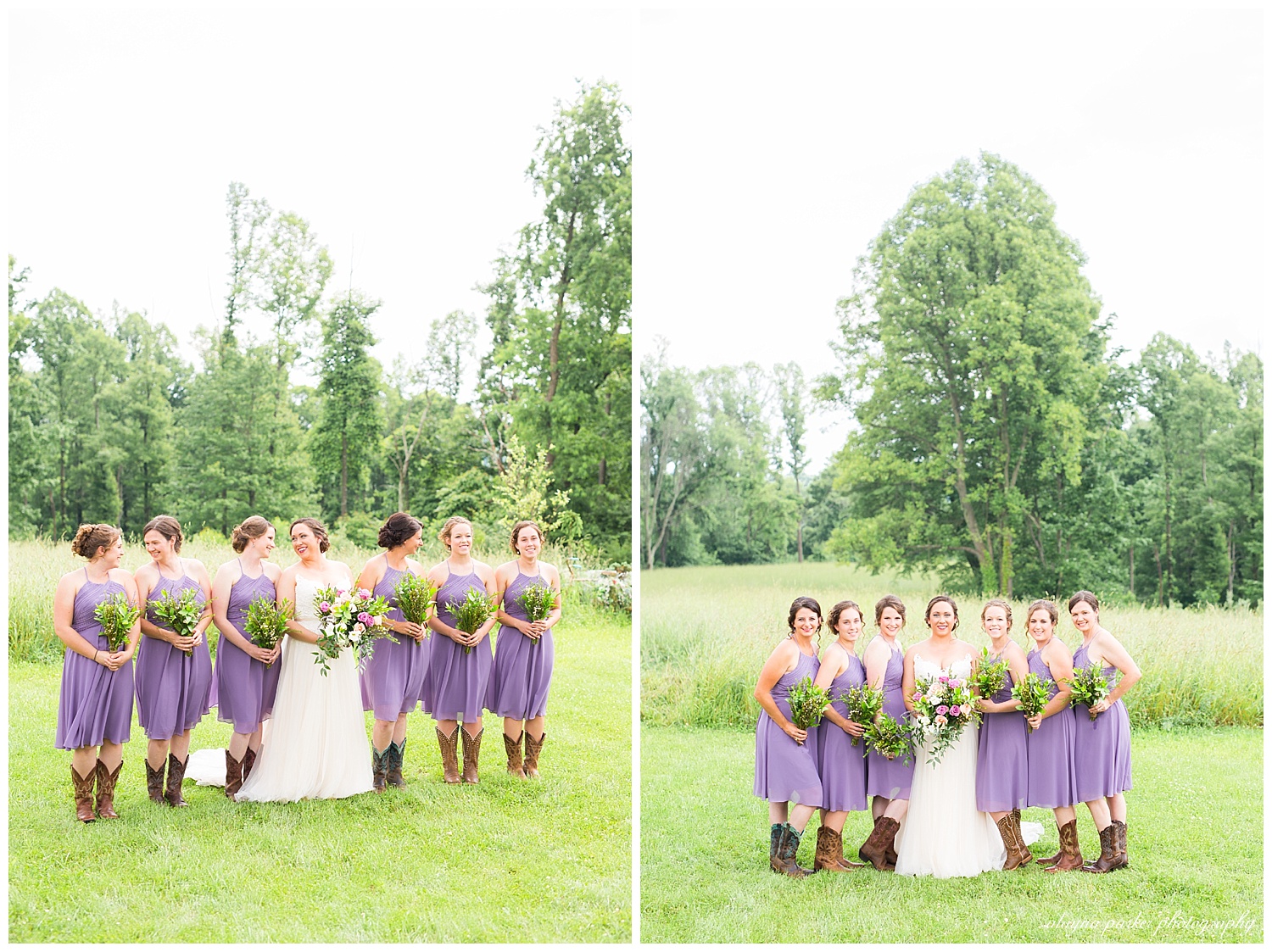 bridesmaids wearing short lavender dresses and cowboy boots at the barn on enchanted acres