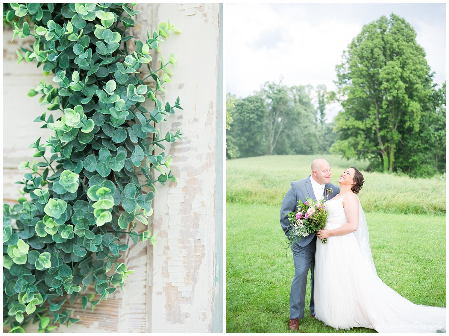 bride laughing and groom looking at bride in grassy field at the barn on enchanted acres