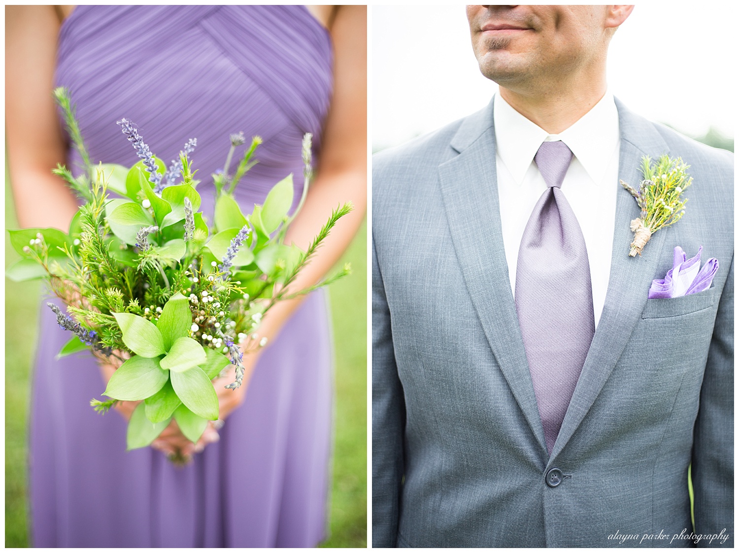 bridesmaid wearing lavender dress and holding bouquet of greenery and close up of groomsman wearing lavender tie and gray suit