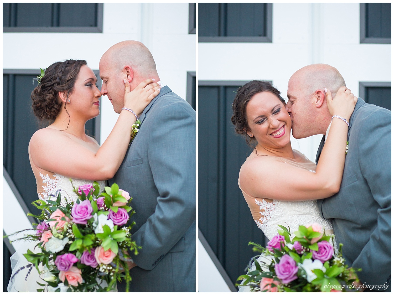 bride and groom looking at each other in front of black and white barn doors at the barn on enchanted acres