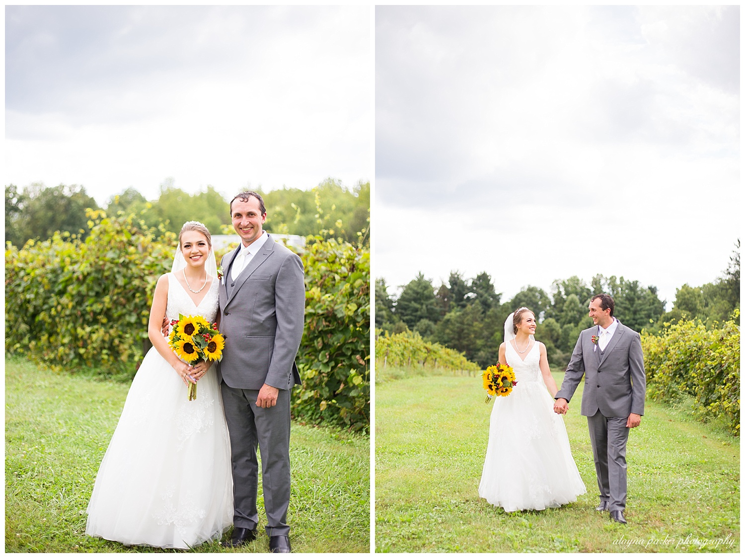 bride and groom smiling at camera with vineyards behind them at sarah's vineyard