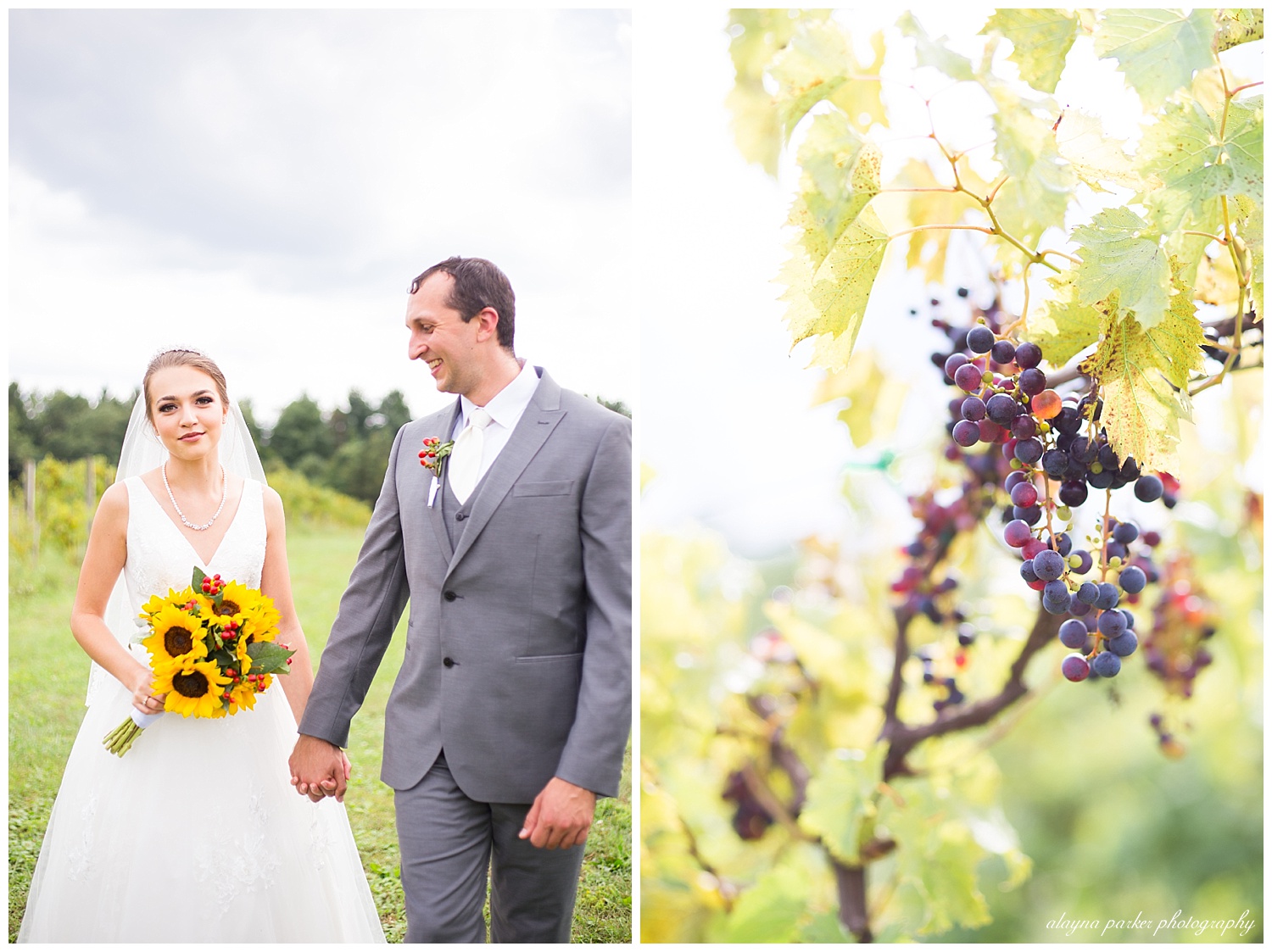 bride smiling at camera while groom smiles at bride at sarah's vineyard