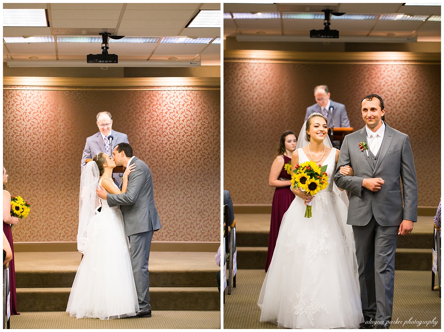bride and groom walking up aisle after first kiss
