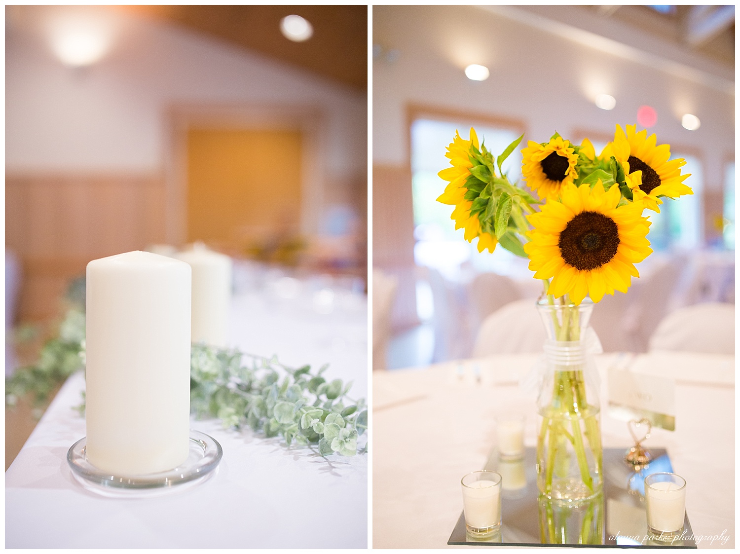 centerpiece of sunflowers on white tables