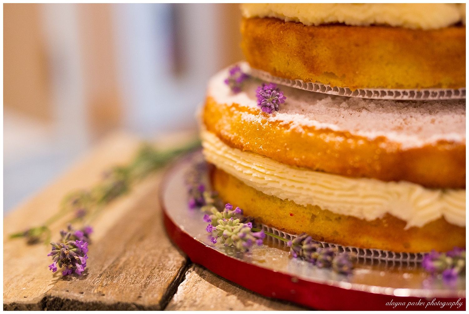 naked cake with lavender sprigs