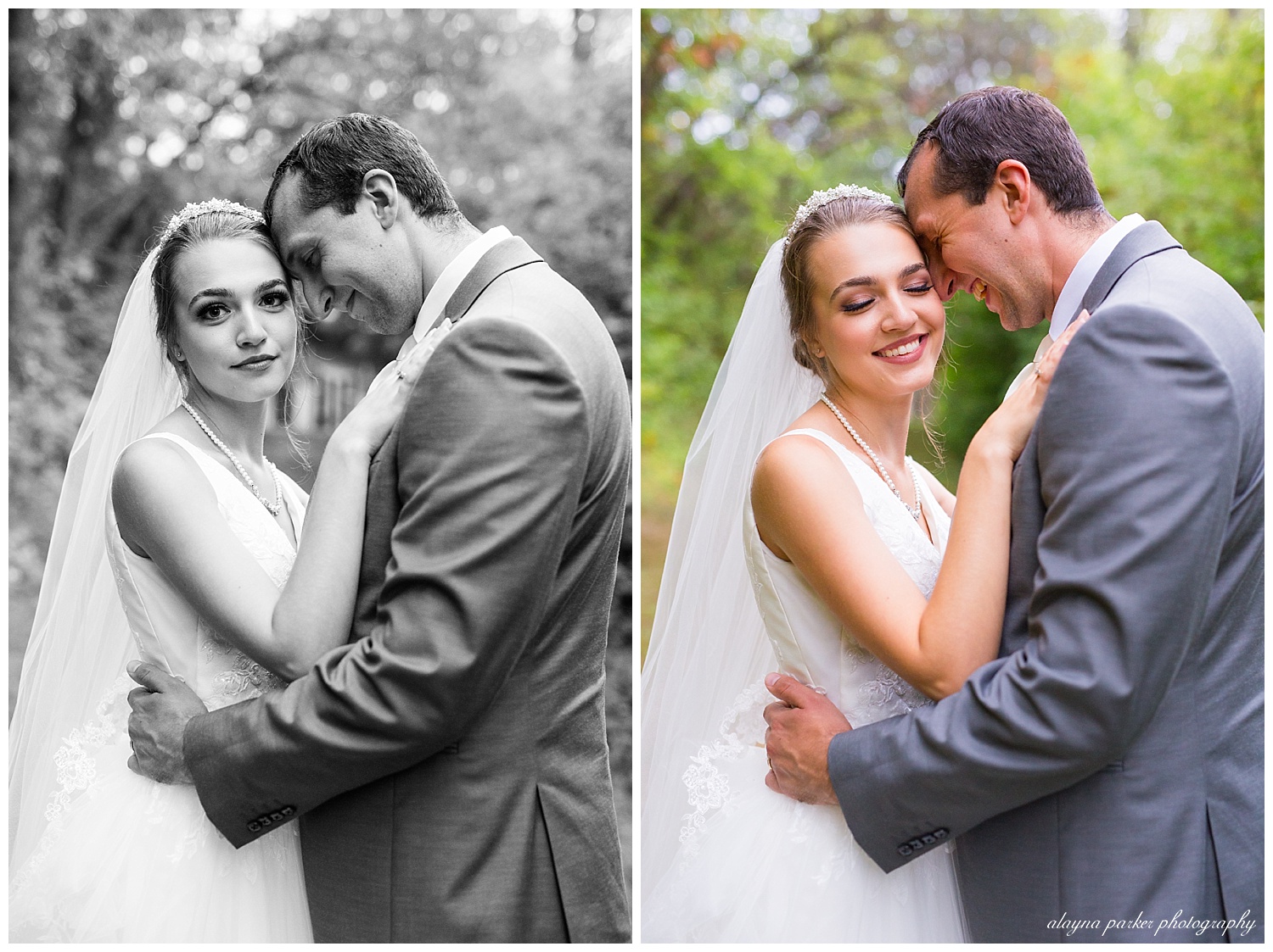 black and white image of bride looking at camera and groom nuzzling bride at coventry oaks pavilion
