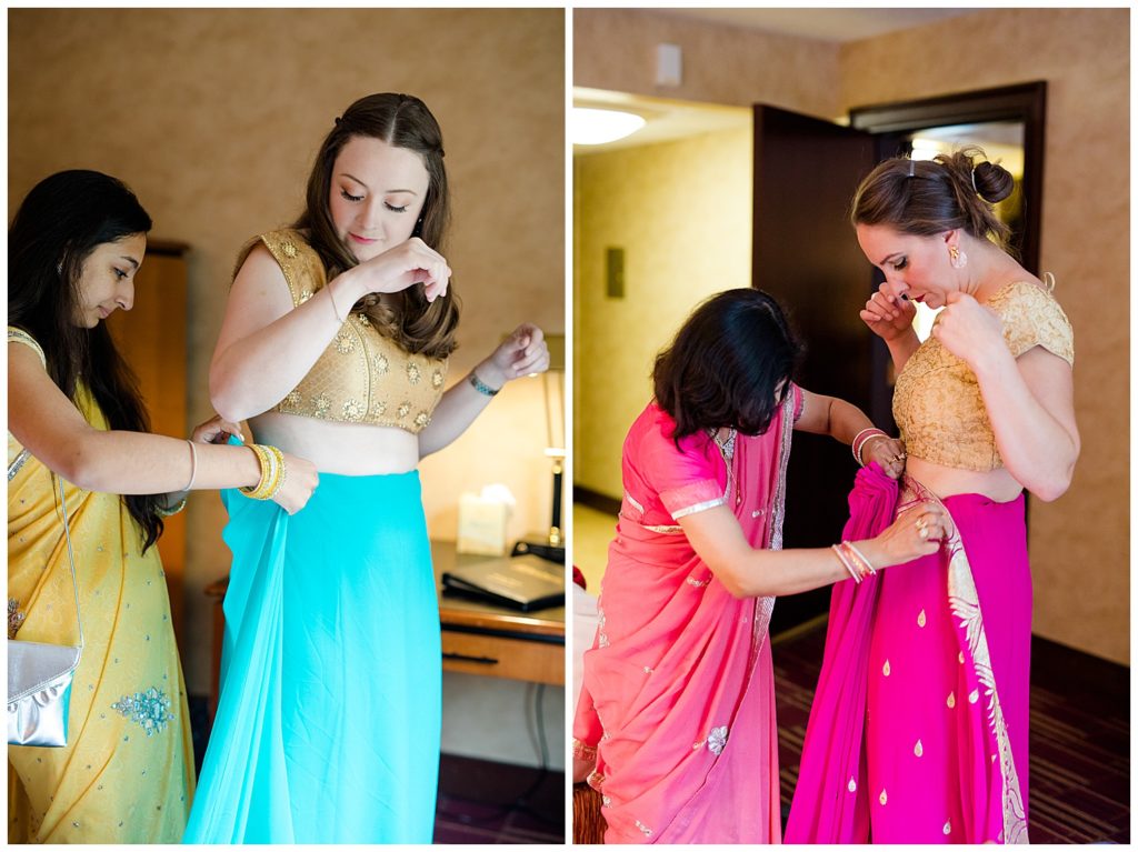 girls getting dressed in saree