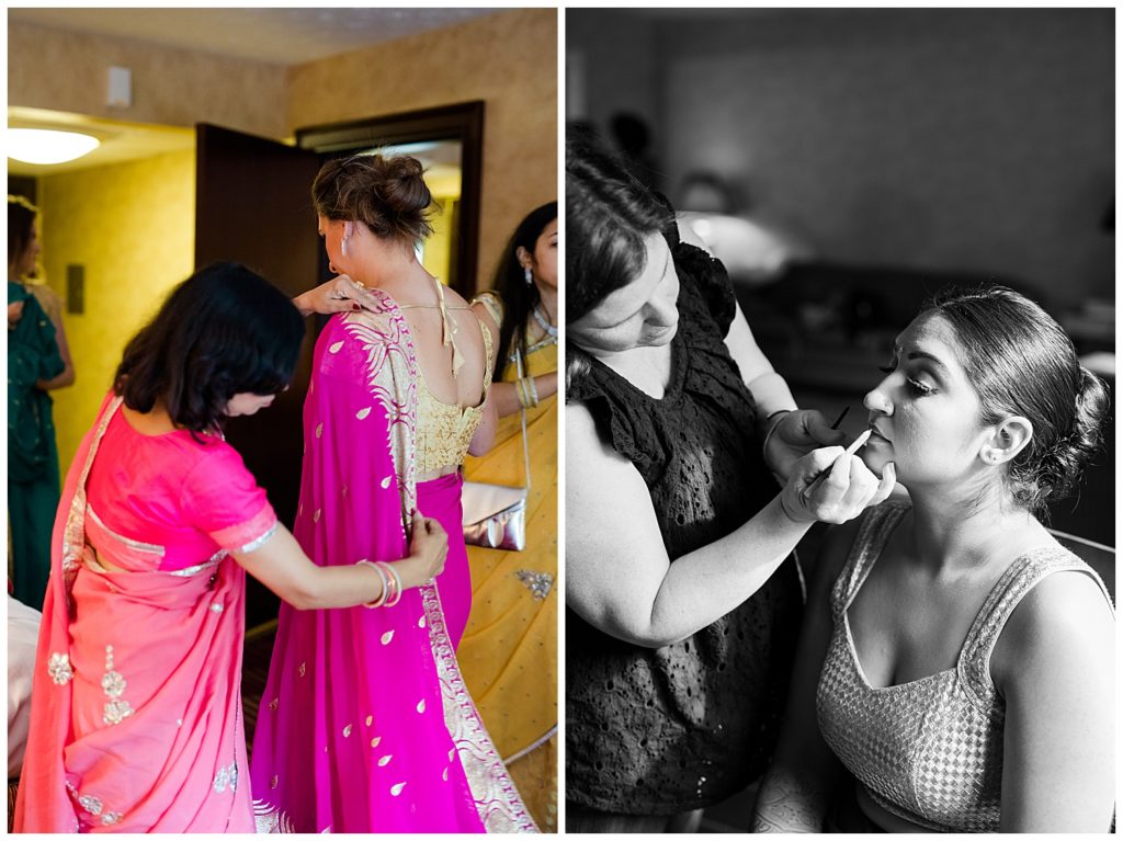 woman putting on saree