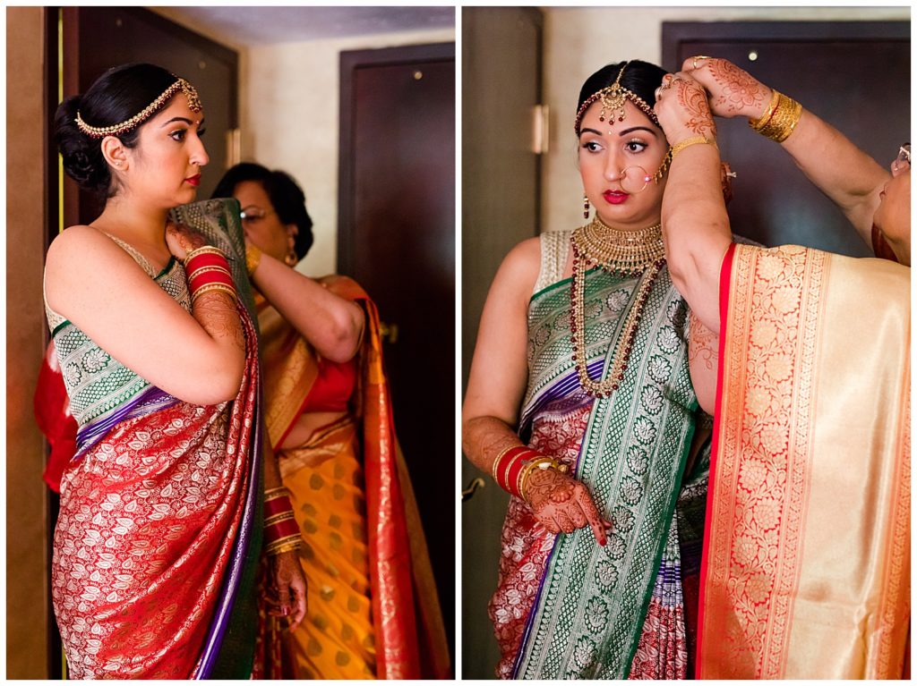 bride getting dressed in saree