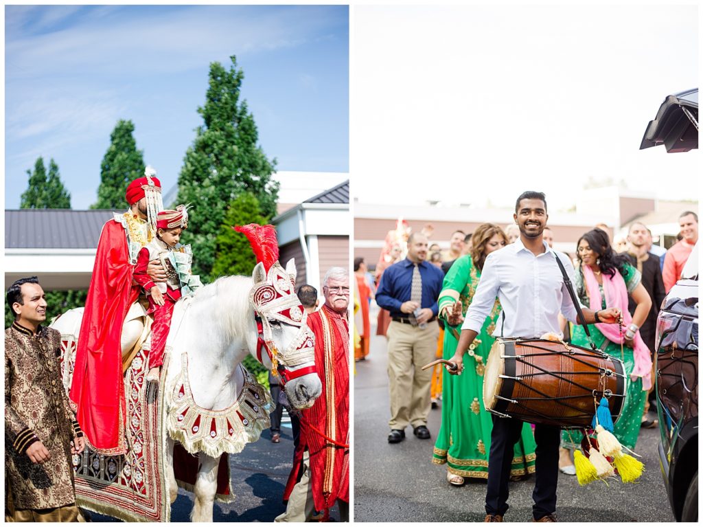 groom riding white horse for baraat at bertram inn