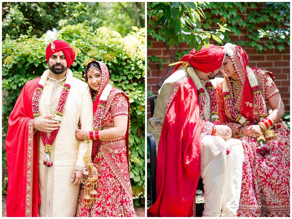 indian bride and groom sitting on park bench almost kissing