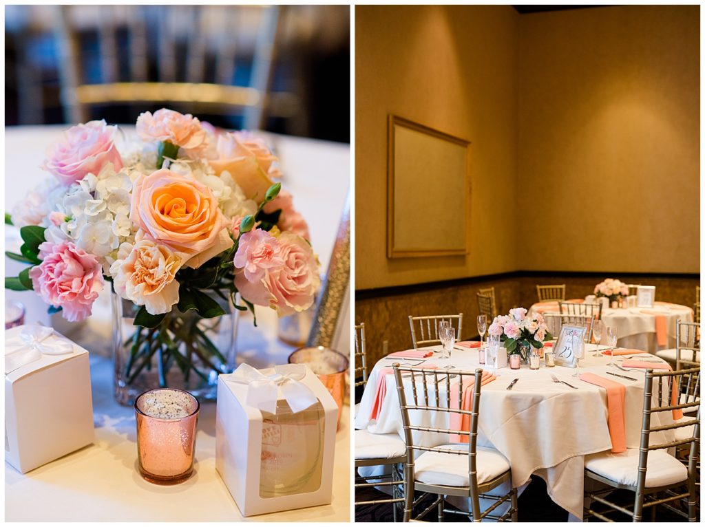white pink and peach floral centerpieces at bertram inn