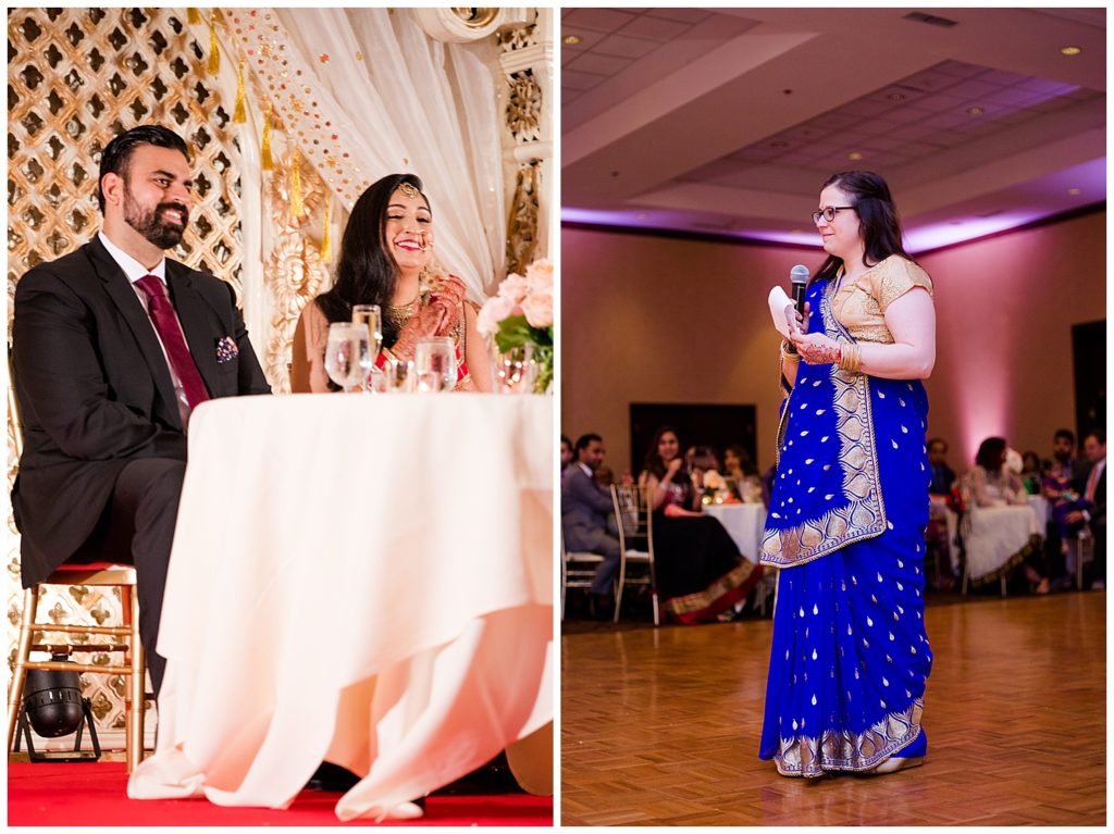 bride laughing during maid of honor speech