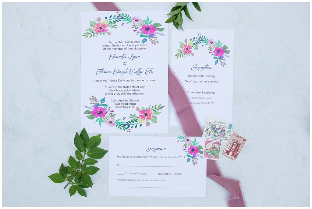 invitation set with colorful painted flowers