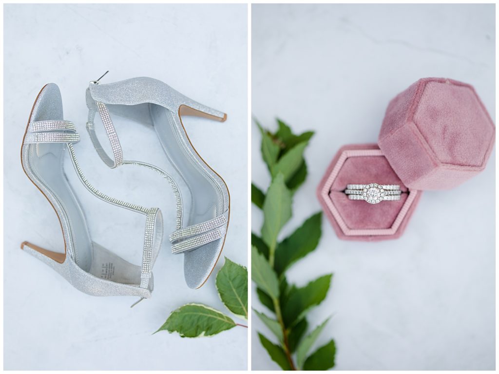 diamond wedding bands in dusty rose velvet ring box