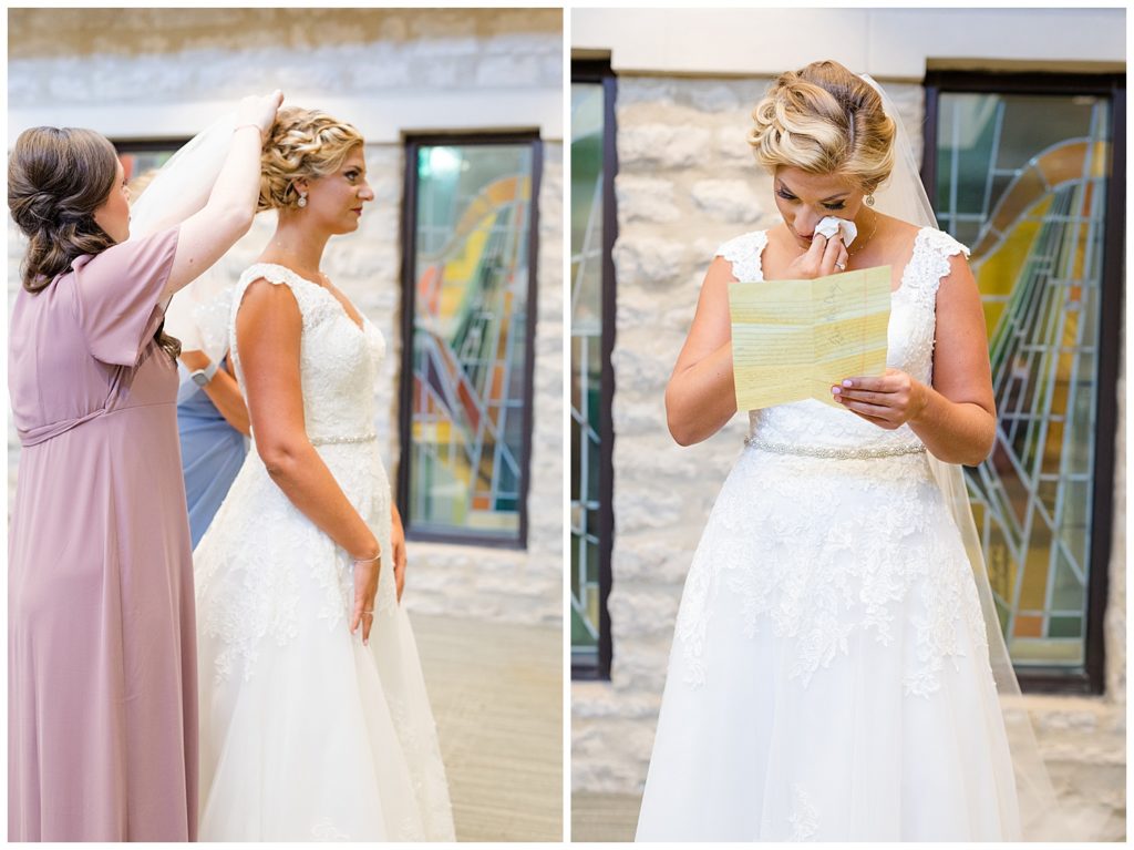 bride crying as she reads letter from groom