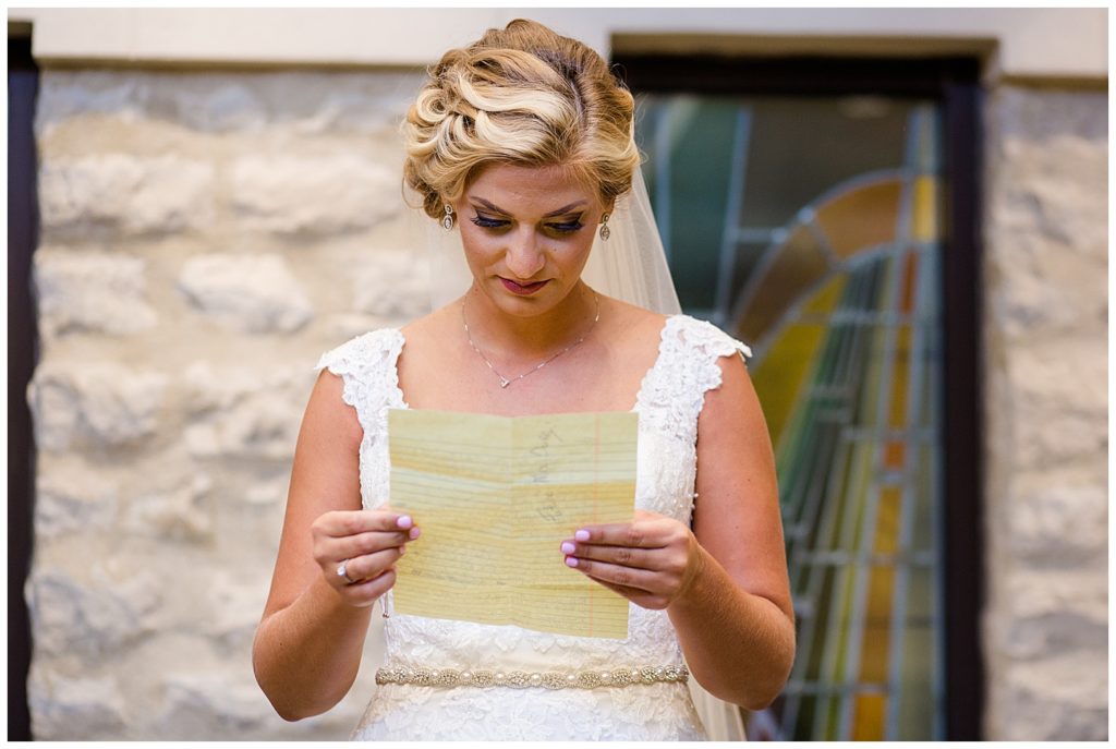 bride reading letter from groom