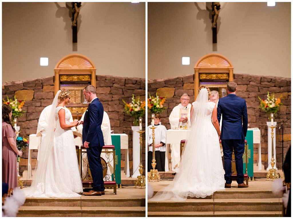 bride and groom exchange rings during ceremony