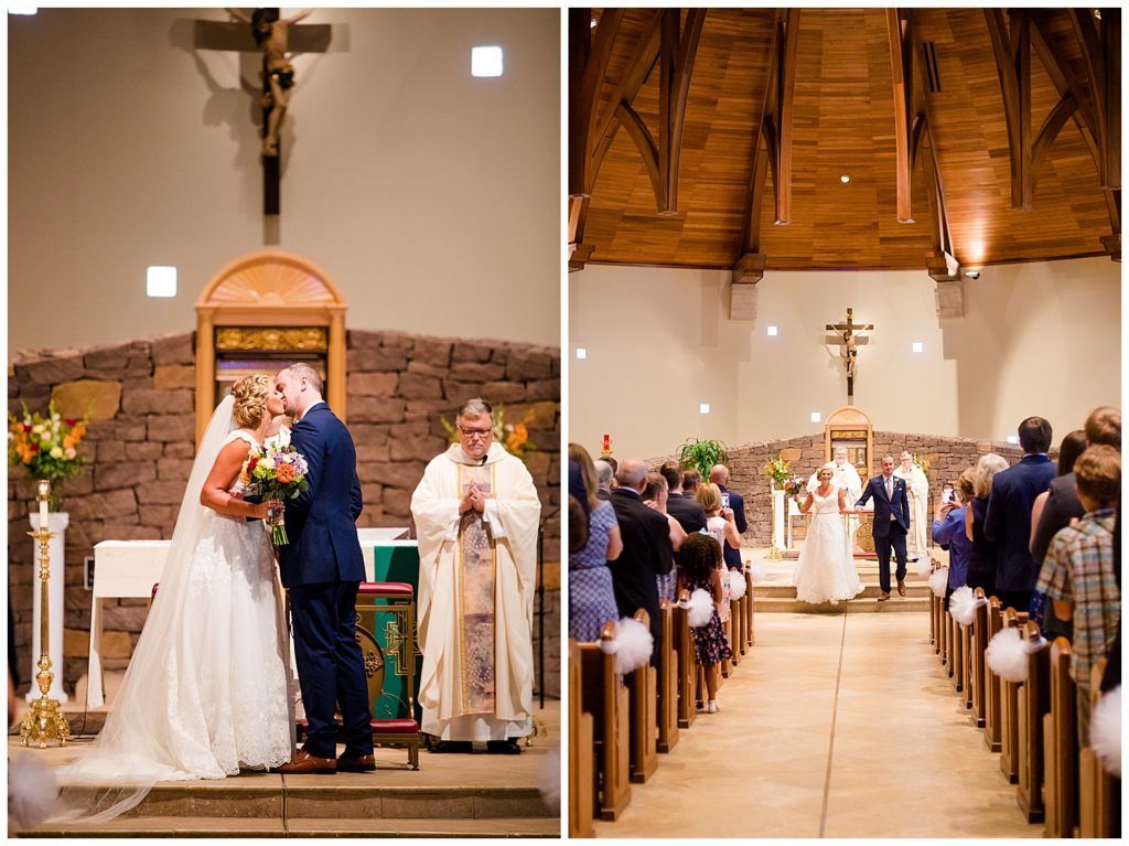 bride and groom share first kiss