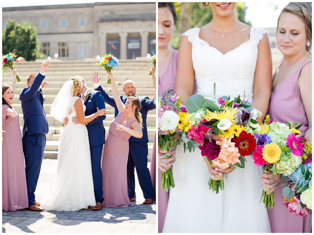 close up of bride and bridesmaids holding colorful bouquets