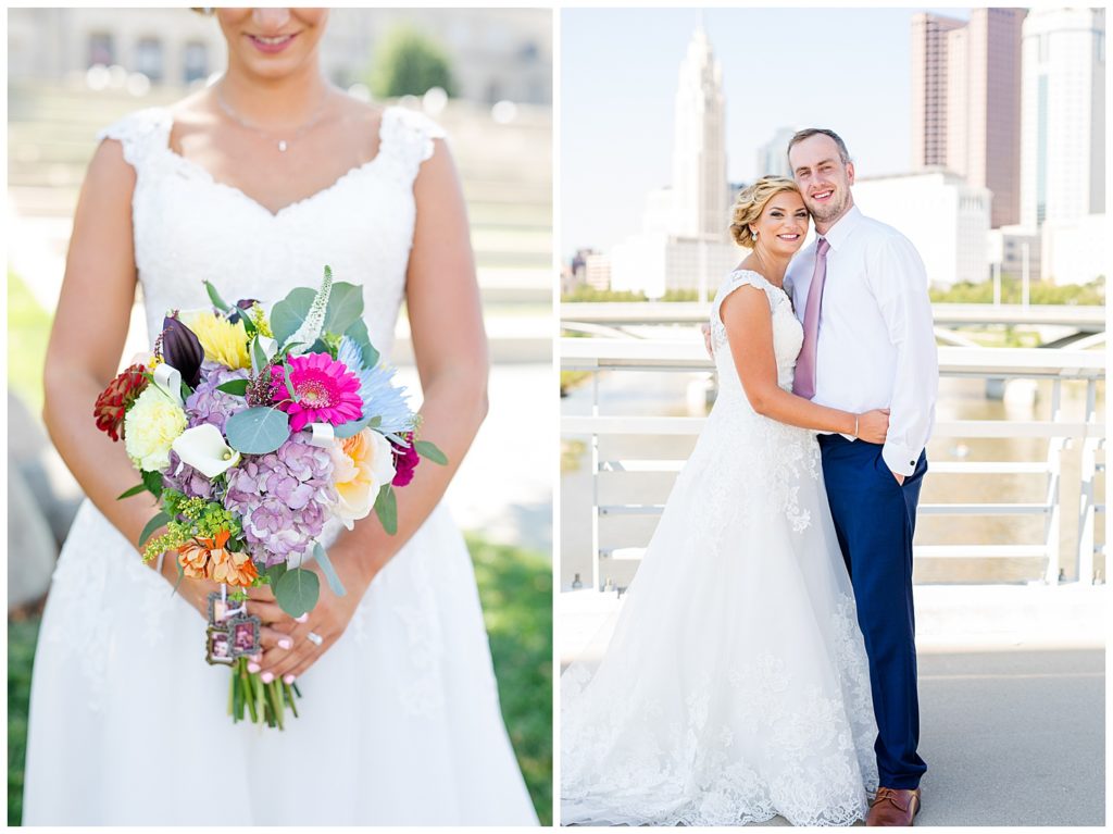 close up of bride holding colorful bouquet in front of steps at cosi