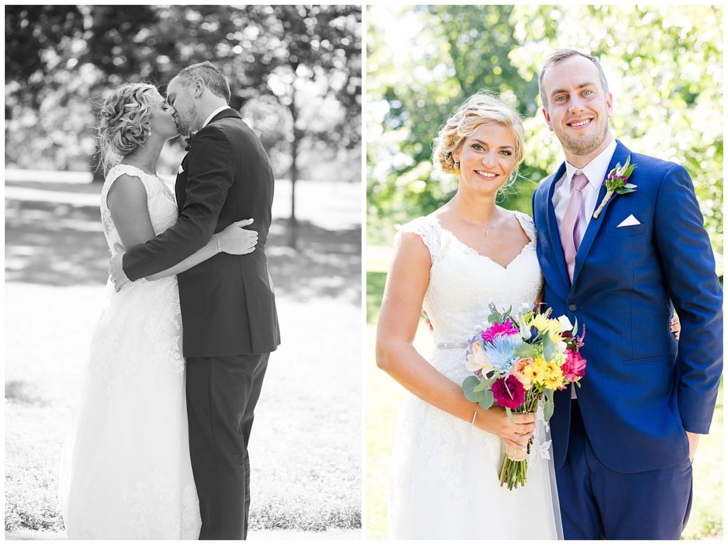 black and white image of bride and groom kissing at schiller park