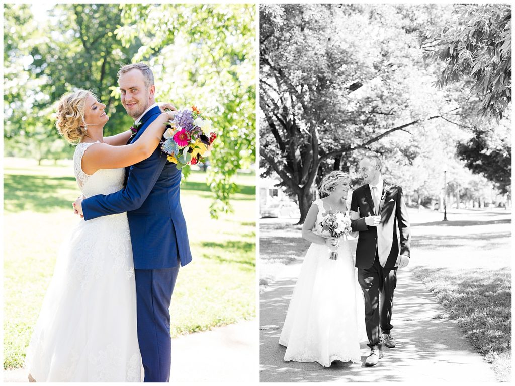 black and white image of bride and groom walking in schiller park