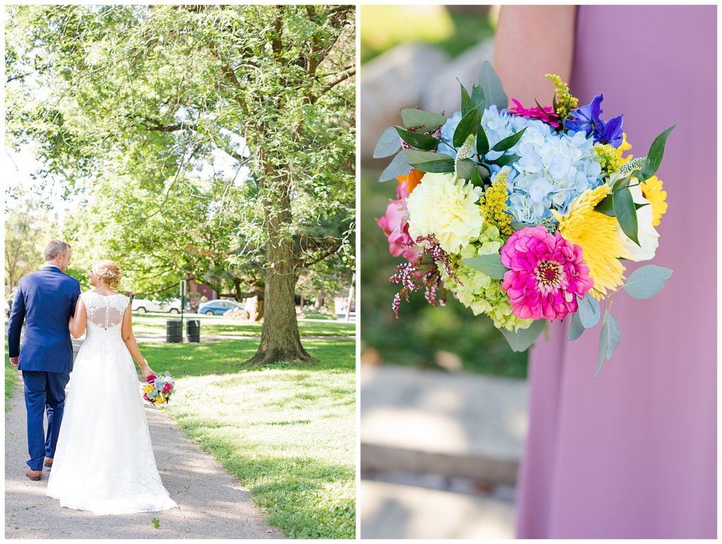 close up of bridesmaid holding colorful bouquet