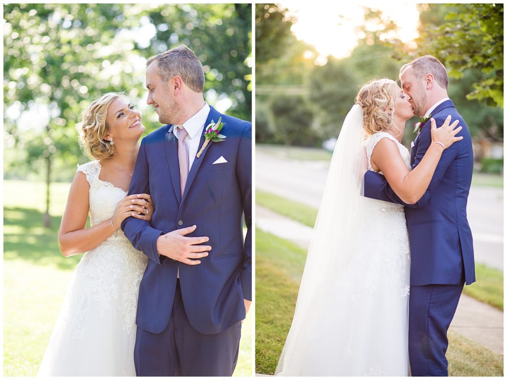 bride and groom kissing during golden hour