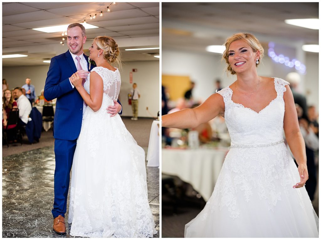 bride and groom laughing as they have first dance