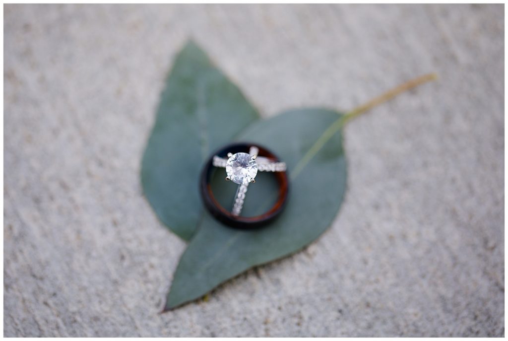 A photograph of a closeup look of the beautiful wedding rings resting on green leaves at the Cedar Grove Lodge venue in Hocking Hills, Ohio by Columbus OH wedding photographer, Alayna Parker Photography