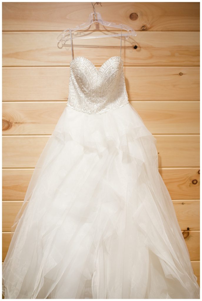 A picture of the bride's wedding dress hanging beautifully against a rustic wood paneled wall at the Cedar Grove Lodge wedding venue by Columbus wedding photographer, Alayna Parker Photography