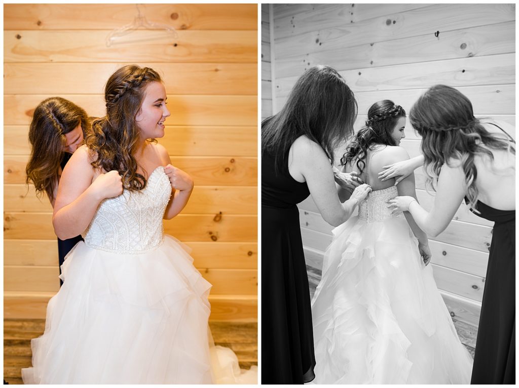 A photograph of the bride with her mother buttoning up her wedding dress, and another view of the bride being helped with her dress at the Cedar Grove Lodge wedding venue by Columbus OH wedding photographer, Alayna Parker Photography