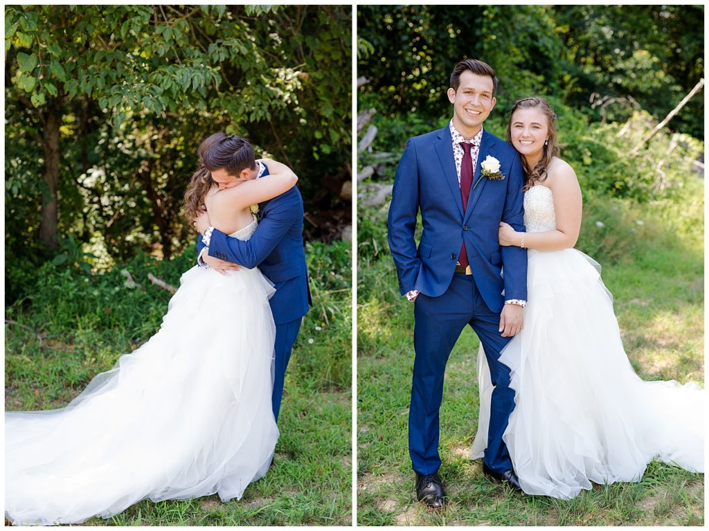 An image of the bride and groom embracing during their first look, and smiling together afterwards at the Cedar Grove Lodge venue in Hocking Hills, Ohio by Columbus Ohio wedding photographer, Alayna Parker Photography