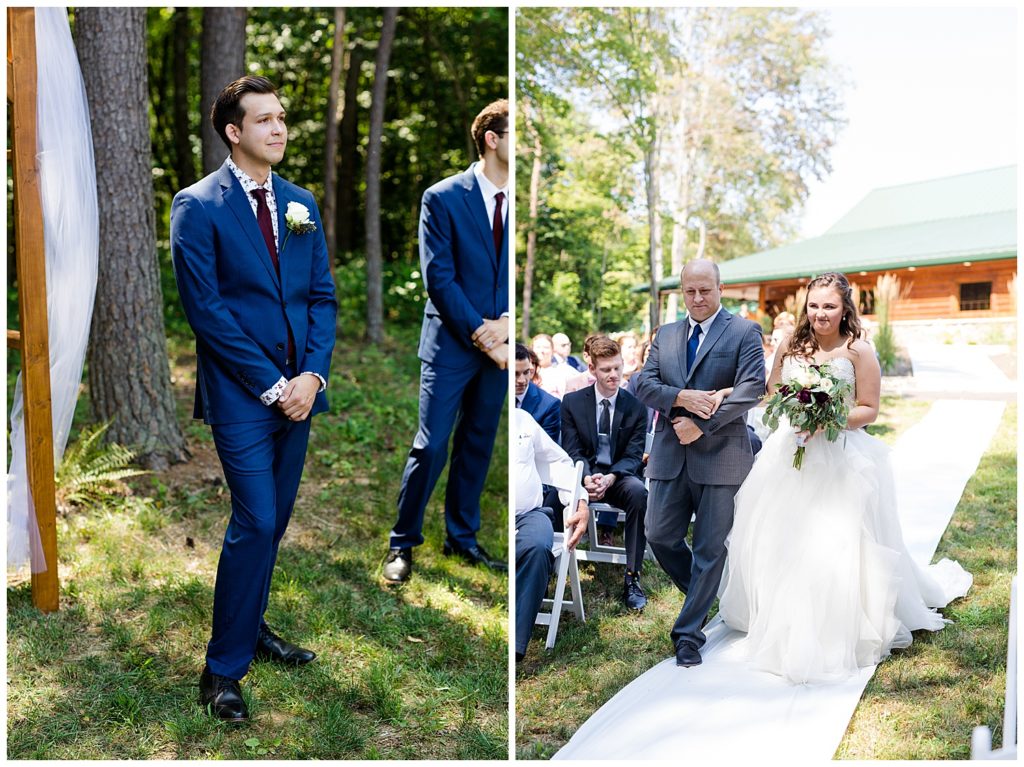 A picture of the groom emotionally standing by the wedding arch as the bride approaches down the aisle, and a view of the bride walking down the aisle with her father at the Cedar Grove Lodge venue in Hocking Hills, Ohio by Columbus wedding photographer, Alayna Parker Photography