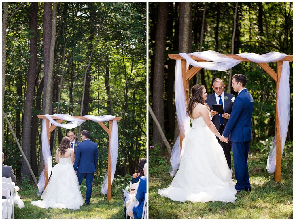A photograph of the bride and groom standing at the wedding ceremony while the officiant speaks, and a view of them holding hands as the vows are repeated at the Cedar Grove Lodge venue in Hocking Hills, Ohio by Columbus OH wedding photographer, Alayna Parker Photography