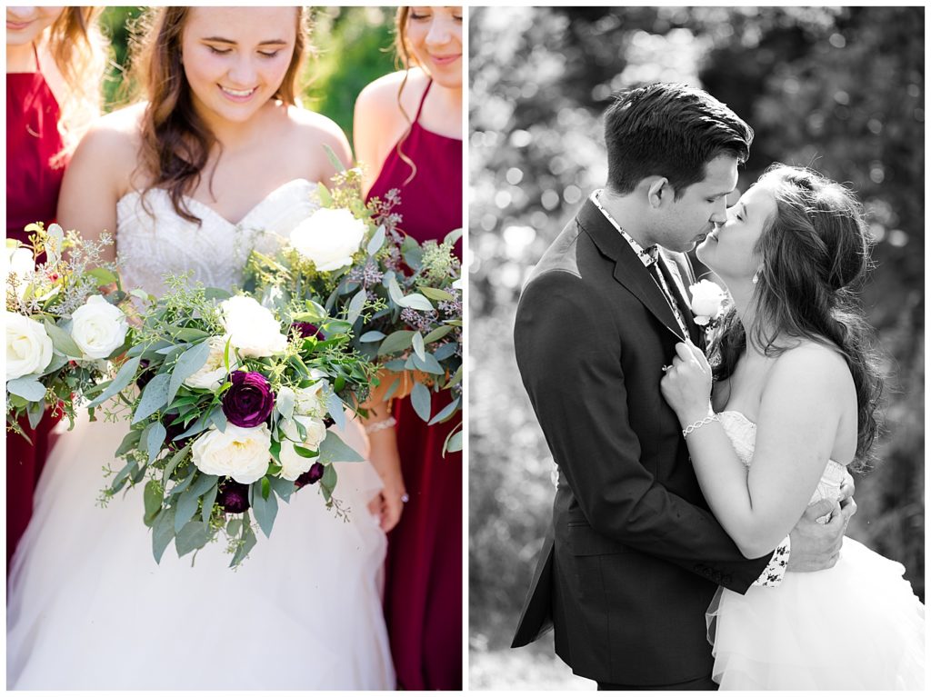 black and white image of bride and groom almost kissing