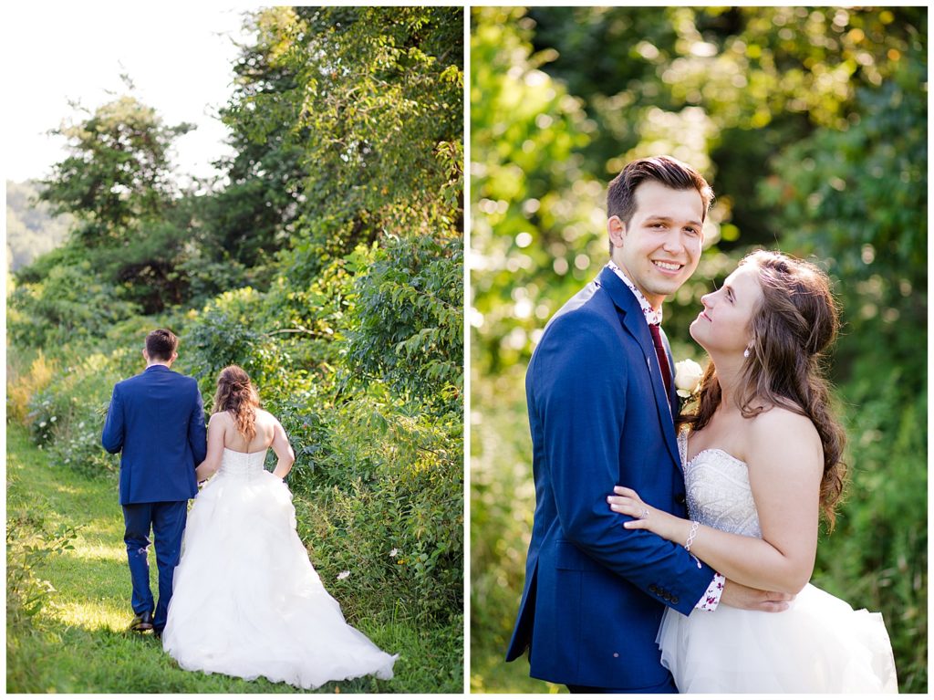 bride and groom walking along path at cedar grove lodge