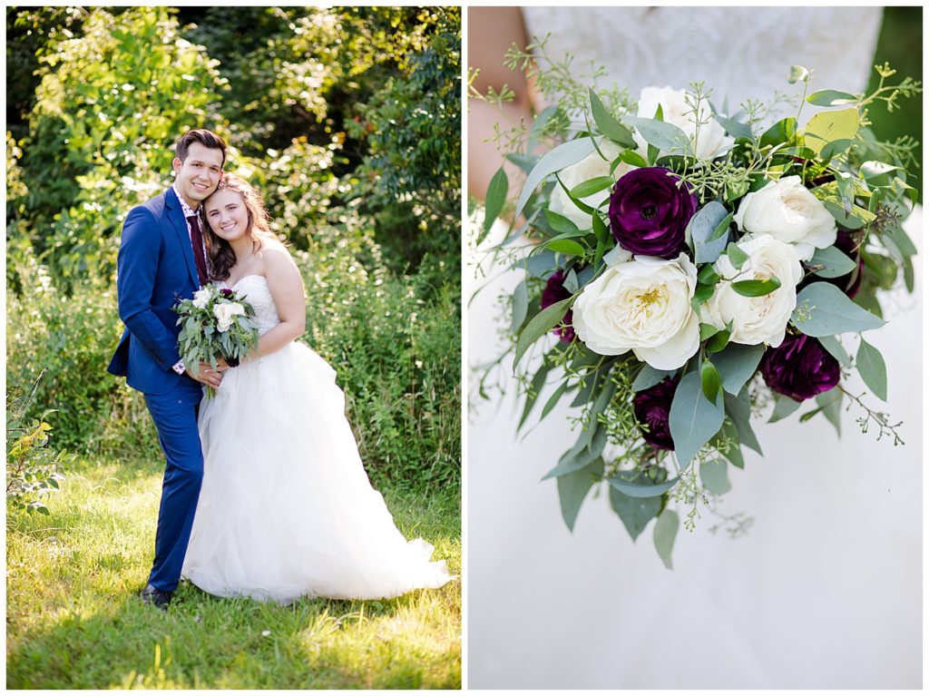 close up of bride holding unstructured bouquet of eucalyptus, white flowers, and dark purple flowers