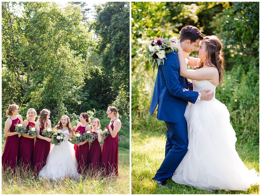 bride and groom laughing with arms around each other