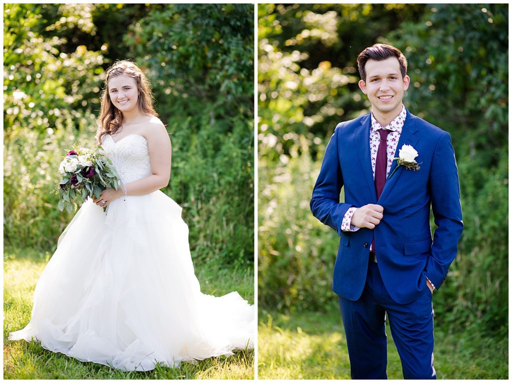 bride and groom posing individually and smiling at camera