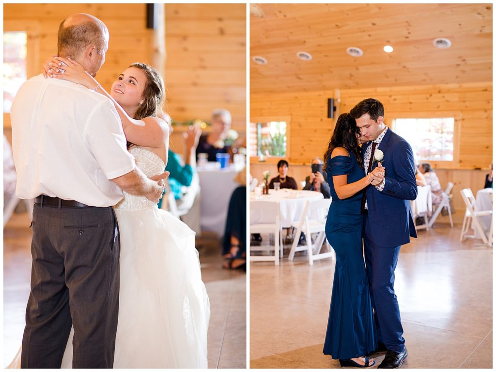 bride dancing with her dad and groom dancing with his mom at cedar grove lodge